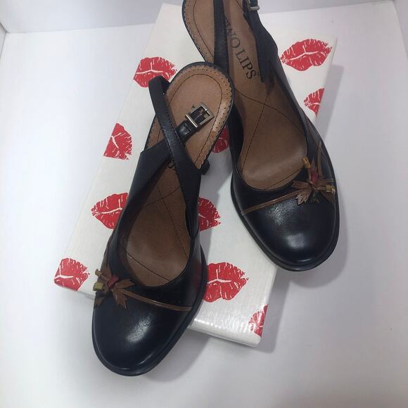 Vintage Black Sling Back Heels Round Toe Women 8 M Tan Trim y2k NOS Two Lips - Picture 10 of 10